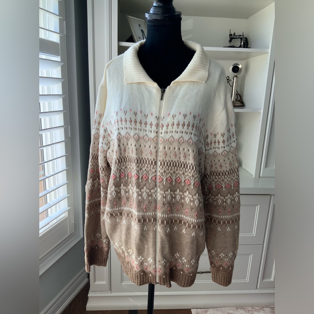 Vintage TRADITION COUNTRY knitted Ivory Zip Up Cottagecore Sweater Size Large